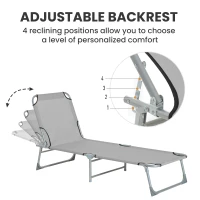 Outsunny Reclining Sun Lounger Chair Folding Camping Bed with 4-Position Adjustable Backrest, Grey(m-4)