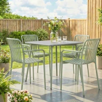 Outsunny 4er-Set stapelbare Gartenstühle aus UV-beständigem Polypropylen mit Armlehnen und ergonomischer Lattenrückenlehne - Grau-Grün(m-6)