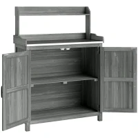 Outsunny Wooden Potting Bench Table with Aluminium Worktop, Outdoor Garden Workbench with Top Shelf and Cabinet Storage(m-1)