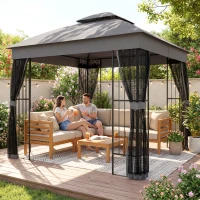 Outsunny 3 x 3 m Outdoor Garden Gazebo with Post Shelves, UPF50+ Double Roof Patio Permanent Pavilion, Grey(m-9)
