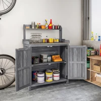 Outsunny Wooden Potting Bench Table with Aluminium Worktop, Outdoor Garden Workbench with Top Shelf and Cabinet Storage(m-9)