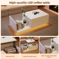 Lift-Up Coffee Table with Space-Saving Hidden and Open Storage, Desk with LED App-Controlled Lighting, 100L x 50W x 33H cm, White(m-5)