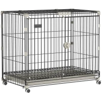 PawHut Gaiola para Cães Dobrável, Bandeja Removível, Rodas com Travas, Teto Abrível, Porta de Alimentação, 75,5x46x64,5cm, Preto(m-7)