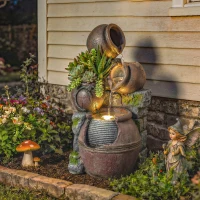 Outsunny Outdoor Fountain with 4-Tier Rustic Pots & Planter, Garden Fountain with LED Lights, Rustic Brown(m-2)