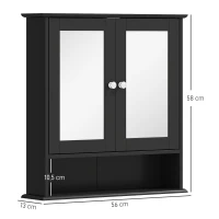 kleankin Armario de Baño con Espejo Armario de Pared con 2 Puertas Estante Abierto Estante Ajustable 56x13x58cm Negro(m-3)
