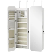 HOMCOM Espejo Joyero con Luz LED Montado en la Pared o en la Puerta con Cerradura Espejo Entero 2 Cajones Blanco(m-1)