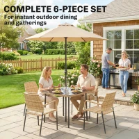Outsunny 4 Seater Rattan Dining Set with Parasol, 6 Piece Garden Table and Stackable Chairs with Tempered Glass Tabletop(m-4)