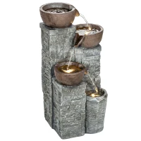 Outsunny 4-Tier Outdoor Fountain, Cascading Waterfall, Garden Fountain with LED Lights, Adjustable Flow, Grey and Rustic Brown(m-11)