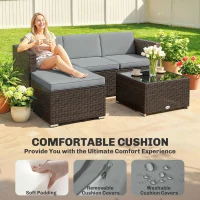 Outsunny 3 Pieces Garden Furniture Set w/ Cushions, PE Rattan Wicker Conversation Corner Sofa Set, Light Grey(m-5)