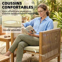 Outsunny Salon de Jardin Ensemble de Mobilier 4 Pièces en Bois d'Acacia Coussins Déhoussables et Corde Tressée Naturel(m-6)