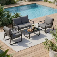 Outsunny 4-teiliges Gartenmöbel-Set mit abnehmbaren, extra dicken 10 cm Kissen, Couchtisch aus gehärtetem Glas, Schwarz(m-5)