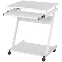 HOMCOM Mesa de Ordenador con Ruedas 60x48 cm con Bandeja Deslizante para Teclado y Estante Inferior Marco Metálico Blanco(m-10)