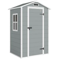 Outsunny 4 x 3 ft Plastic Garden Shed with Floor, Outdoor Storage Shed with Lockable Door, Window and Vent, Light Grey(m-1)