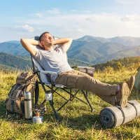 Outsunny Padded Camping Chair Adults Heavy Duty Folding Chair Side Pocket Cup Holder Carry Bag Outdoor Light Grey(m-8)