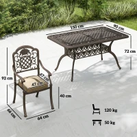 Outsunny Garden Dining Set for 6, Cast Aluminium Outdoor Table and Chairs Set with Cushions, Parasol Hole for Patio, Bronze Tone(m-3)