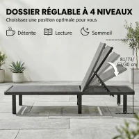 Outsunny Bain de Soleil Transat de Jardin avec Roulettes Inclinable à Plat 4 Positions et Textilène 530g/m² Gris Foncé(m-4)