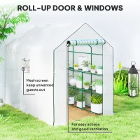 Outsunny Walk-in Greenhouse with 3 Tier 12 Shelves, Small Greenhouse with Reinforced PE Cover, Garden Plant Growhouse with Roll-up Door and Three Mesh Windows, 140 x 213 x 190 cm, White(m-6)