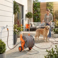 Outsunny Hose Reel Cart with Wheels, 45+2m Garden Hose Reel with 2 Patterns Nozzle, Faucet Adaptors and Rewind Handle, Orange(m-9)