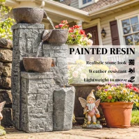 Outsunny 4-Tier Outdoor Fountain, Cascading Waterfall, Garden Fountain with LED Lights, Adjustable Flow, Grey and Rustic Brown(m-7)