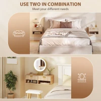 HOMCOM Set of 2 Wall Mounted Nightstands, Floating Bedside Tables with Fluted Drawer and Open Shelf for Small Bedroom, Oak(m-6)