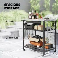 Outsunny Outdoor Grill Cart with Stainless Steel Tabletop, 3-Tier Pizza Oven Stand with 2 Shelves, 6 Hooks, Wheels, Black(m-5)