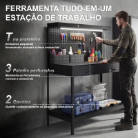 HOMCOM Banco de Trabalho Suporta 272 kg 110x60x150 cm com Painéis Perfurados Metálicos Tomadas Luzes LED Gavetas Preto(m-4)