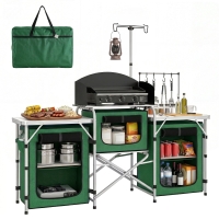 Outsunny Meuble de Cuisine pour Camping Pliable avec 3 Plans de Travail 4 Crochets Poteau de Lampe et Sac de Transport 172x48x119 cm Vert