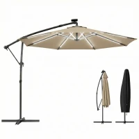 Outsunny 3 m Garden Cantilever Parasol with LED Solar Light, Round Overhanging Umbrella with 360° Rotation, Cover, Khaki(m-10)