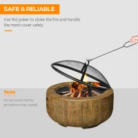 Outsunny Outdoor Fire Pit, 61.5 cm Metal Wood Burning Fireplace with Spark Cover, Poker, Woodgrain Design(m-5)