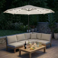 Outsunny 3 m Cantilever Parasol with Solar LED Lights Garden Umbrella with Cross Base, Cream White(m-9)