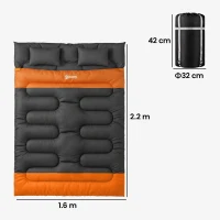 Outsunny Double Sleeping Bag with 2 Pillows, 220 x 160 cm Extra-Large Sleeping Bag for Adults, Grey and Orange(m-3)