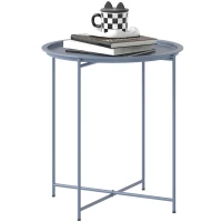 Outsunny Mesa Baja Redonda Mesa Auxiliar Tablero Extraíble con Borde Elevado Patas Plegables en Metal Ø46x50cm Azul Grisáceo(m-7)