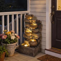 Outsunny 28" 5-Tier Outdoor Fountain, Cascading Waterfall Feature with LED Lights, Adjustable Flow, Rustic Brown(m-9)