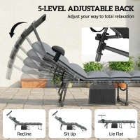 Outsunny Folding Sun Loungers Set of 2 with Canopy, Reclining Sunbed with Cushion, Side Pocket, Carrying Handle, Light Grey(m-5)