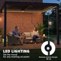 Outsunny 3 x 3 m Louvered Pergola with LED Lights, Metal Louvres, Wall Mounted Aluminium Patio Gazebo Pergola, Dark Grey(m-4)