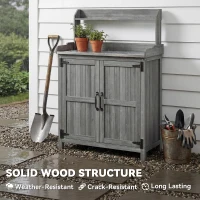 Outsunny Wooden Potting Bench Table with Aluminium Worktop, Outdoor Garden Workbench with Top Shelf and Cabinet Storage(m-7)
