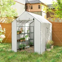 Outsunny Walk-in Greenhouse with 3 Tier 12 Shelves, Small Greenhouse with Reinforced PE Cover, Garden Plant Growhouse with Roll-up Door and Three Mesh Windows, 140 x 213 x 190 cm, White(m-9)