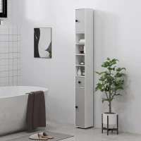 kleankin 180cm Tall Bathroom Cabinet, Slim Bathroom Storage Cabinet with 4 Open Shelves, 2 Door Cupboards and Adjustable Shelves, Light Grey(m-7)