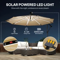 Outsunny 3 m Garden Cantilever Parasol with LED Solar Light, Round Overhanging Umbrella with 360° Rotation, Cover, Khaki(m-4)