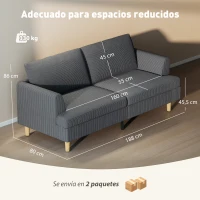 HOMCOM Sofá de 3 Plazas Tapizado en Pana Acolchado Grueso de Muelles Asiento Ancho 2 Almohadas 188x80x86 cm Gris Oscuro(m-3)