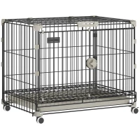 PawHut Gaiola Dobrável para Cão, Bandeja Removível, Rodas com Travas, Teto Abrível, Porta de Alimentação, 60,5x45,5x54,5cm, Preto(m-7)