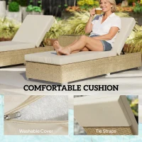 Outsunny Rattan Sun Loungers Set of 2 with Side Table, Garden Recliner Sunbeds with Adjustable Back, Cushions, Beige(m-5)