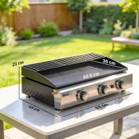 Outsunny 3 Burner Grill Griddle, Portable Gas Plancha with Warming Rack, 7.5 kW, Tabletop Gas BBQ with Grease Cup, Black(m-3)