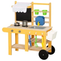 AIYAPLAY Cocina de Juguete Exterior de Madera con Ruedas Agua Real Macetas Pizarra y 15 Accesorios 84,2x34,4x90 cm Amarillo(m-1)
