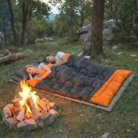 Outsunny Double Sleeping Bag with 2 Pillows, 220 x 160 cm Extra-Large Sleeping Bag for Adults, Grey and Orange(m-2)