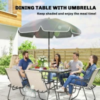 Outsunny 8 Piece Garden Dining Set with Umbrella Garden Furniture Set with 6 Folding Chairs, Tempered Glass Table for Patio Cream(m-6)