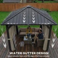 Outsunny 3 x 3(m) Hardtop Gazebo with Galvanised Steel Roof and Water Gutter, Waterproof Permanent Pavilion Garden Gazebo with Netting and Curtains for Patio, Deck, Black(m-5)