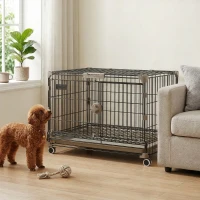 PawHut Cușcă pliabilă pentru câini, Tavă detașabilă, Roți cu frâne, Acoperiș rabatabil, Ușă pentru hrănire, 60,5x45,5x54,5cm, Negru(m-2)