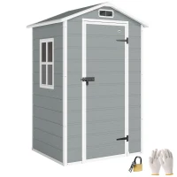 Outsunny 4 x 3 ft Plastic Garden Shed with Floor, Outdoor Storage Shed with Lockable Door, Window and Vent, Light Grey(m-10)