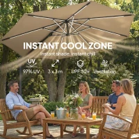 Outsunny 3 m Garden Cantilever Parasol with LED Solar Light, Round Overhanging Umbrella with 360° Rotation, Cover, Khaki(m-5)